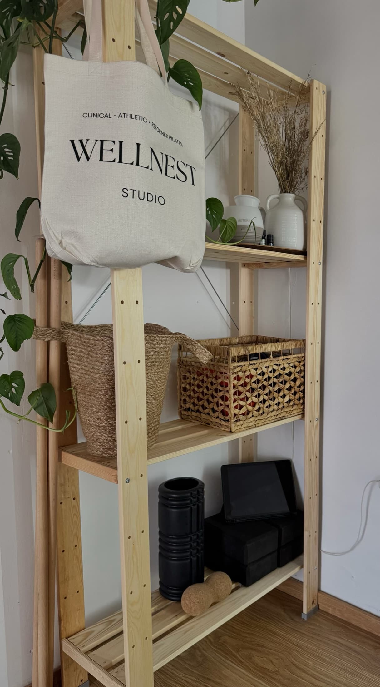 WellNest studio shelf with props, plants, and branded tote